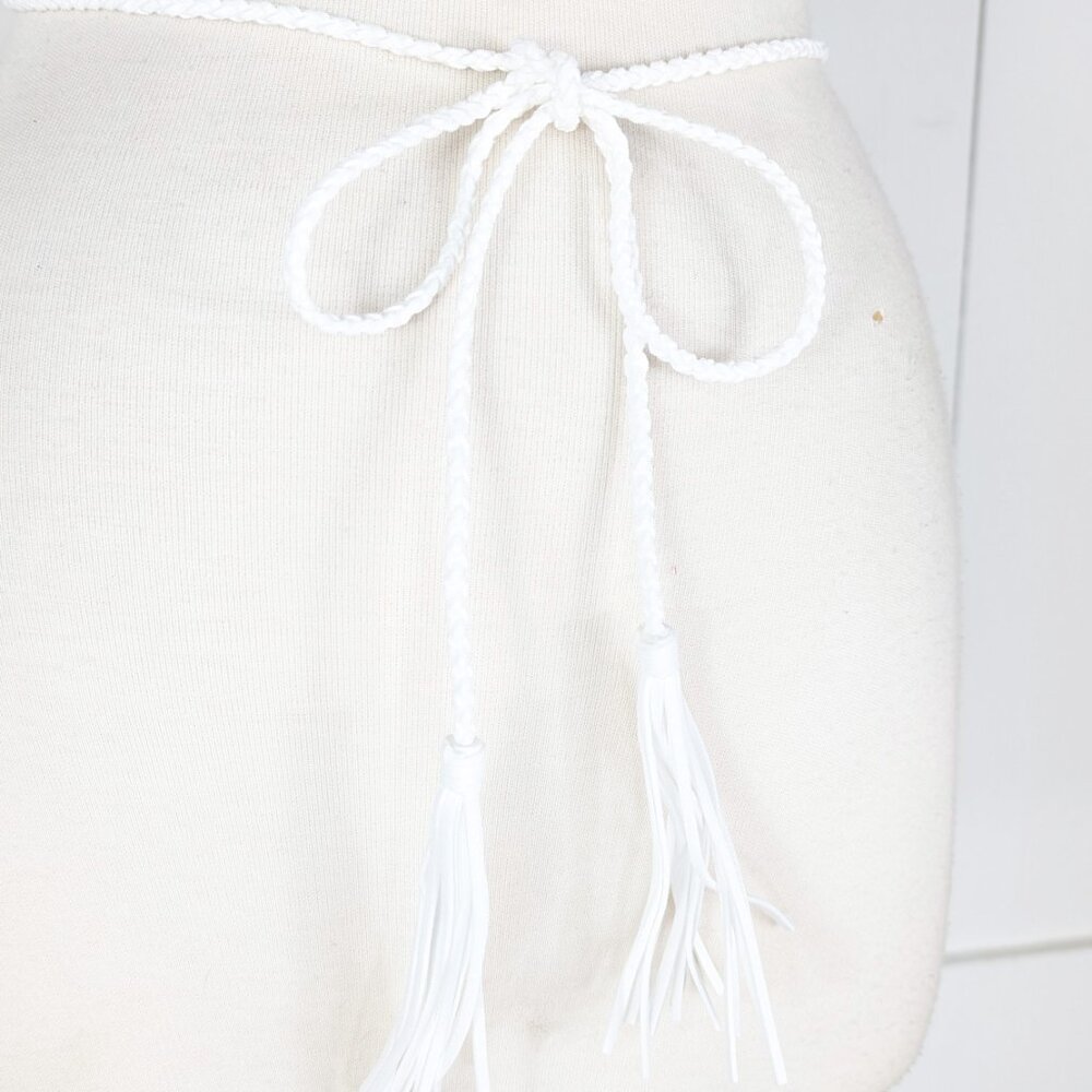 White braided faux suede rope chord fringe tassel tie belt - Picture 2 of 4